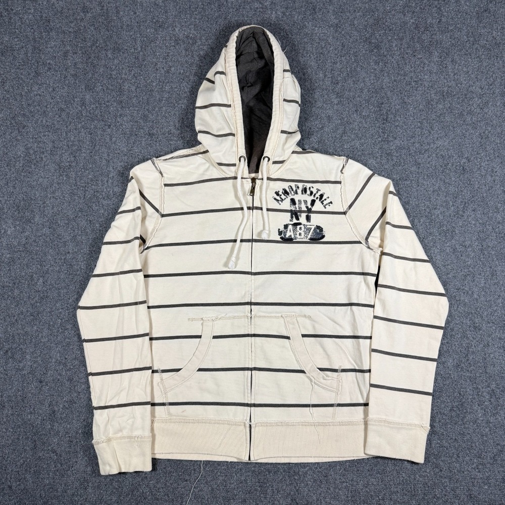 Aeropostale Zip Up Hoodie Mens Medium Cream Brown Y2K Athletic Logo Sweatshirt